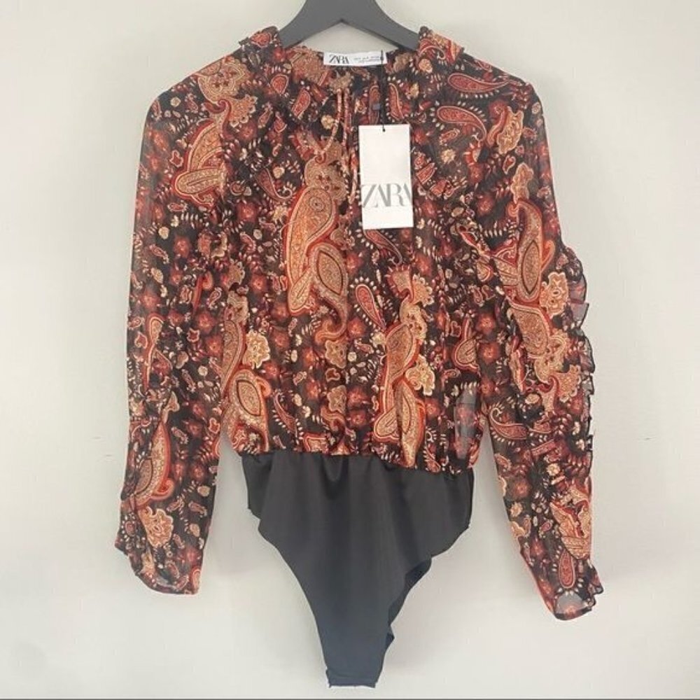 NWT Zara Sheer Multicolor Paisley Tie Neck Ruffled Bodysuit S
